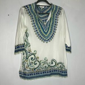 Chico's Size Small Tunic Top Blouse Swim Cover Embroidered Cotton